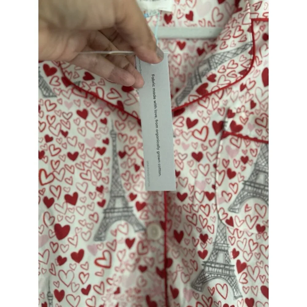 BedHead Women's Long Sleeve Button Down Pajama Top Heart Eiffel Notch Size M NEW